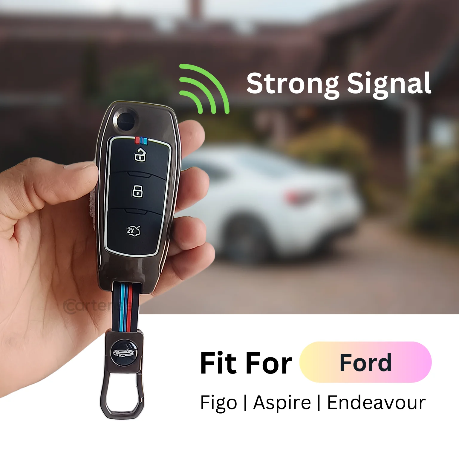 Metal Silicon Car Key Cover Compatible with Figo, Aspire, Endeavour | 3 Button Flip Key - Image 4
