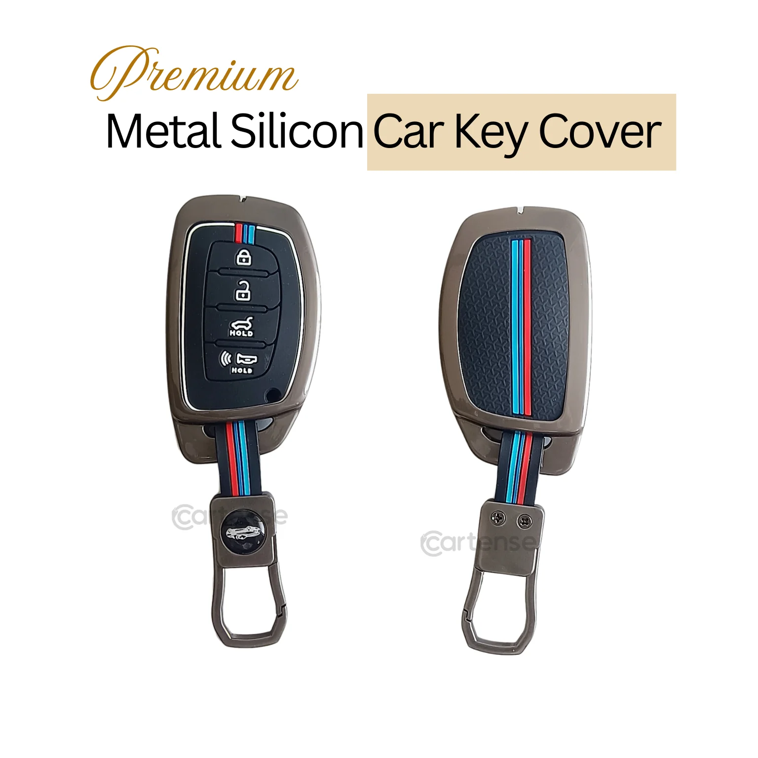Metal Silicon Car Key Cover Compatible With Creta, Venue, i20 Tucson, Elantra | 4 Button Smart Key - Image 3