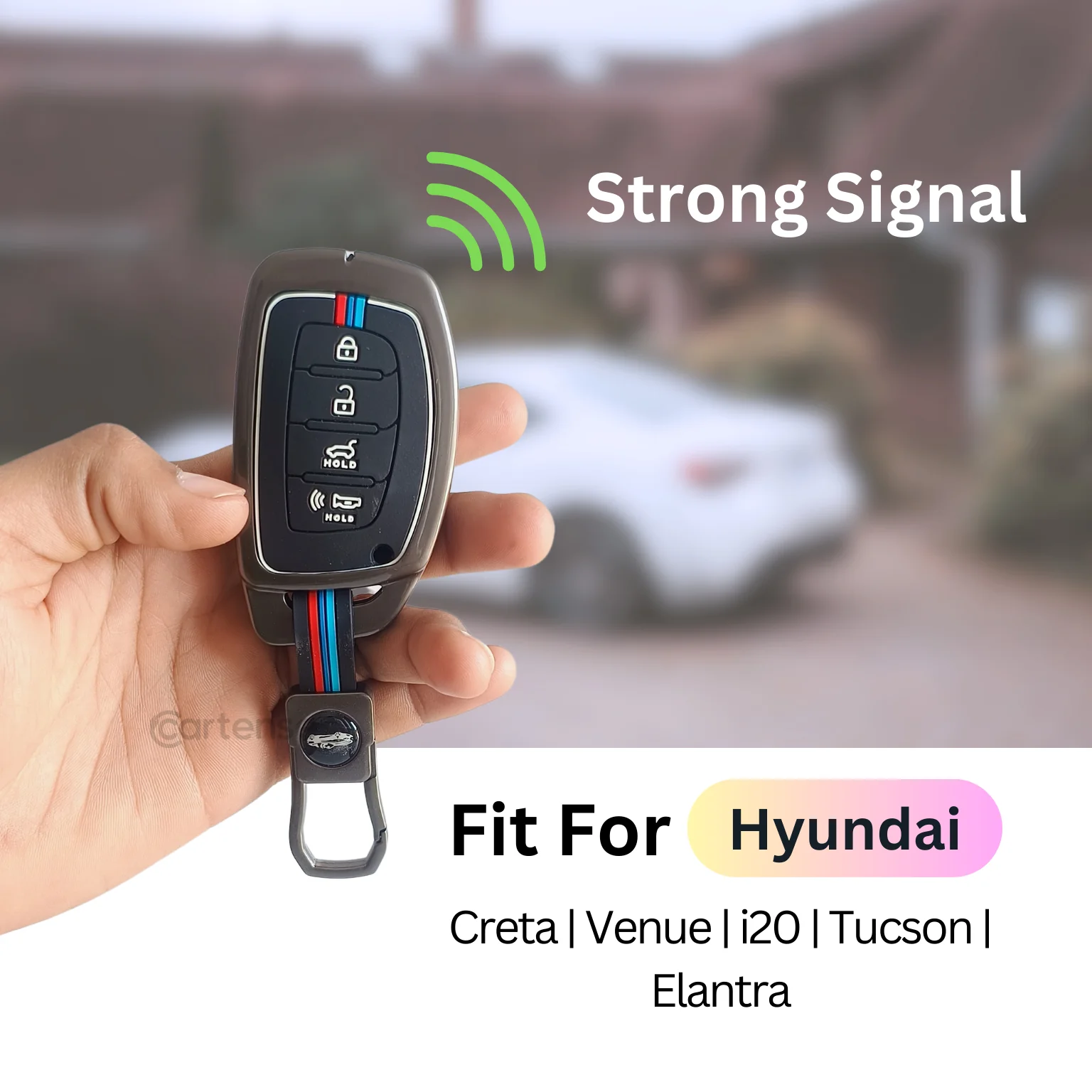 Metal Silicon Car Key Cover Compatible With Creta, Venue, i20 Tucson, Elantra | 4 Button Smart Key - Image 4