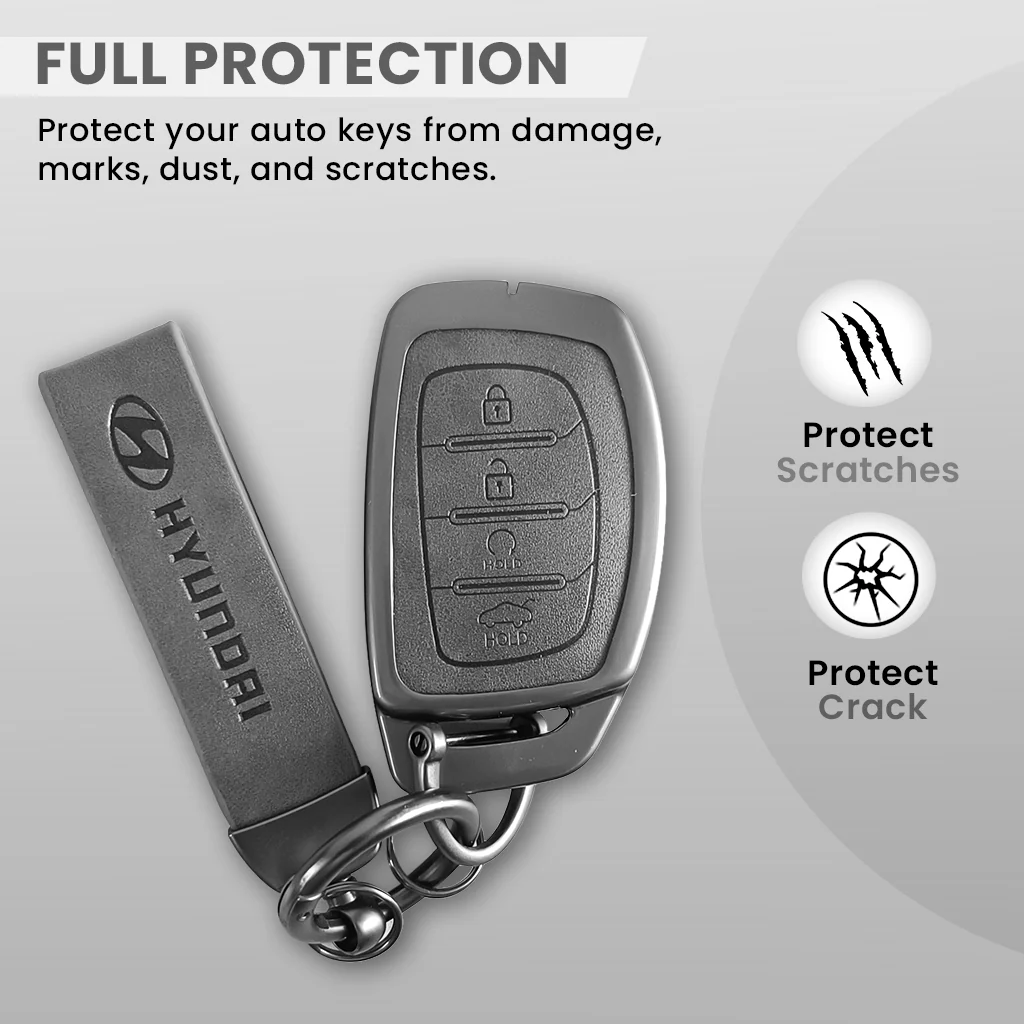 Metal Leather Car Key Cover Compatible With Creta, Venue, i20 Tucson, Elantra, Alcazar, Creta, Tucson | 4 Button Smart Key - Image 3