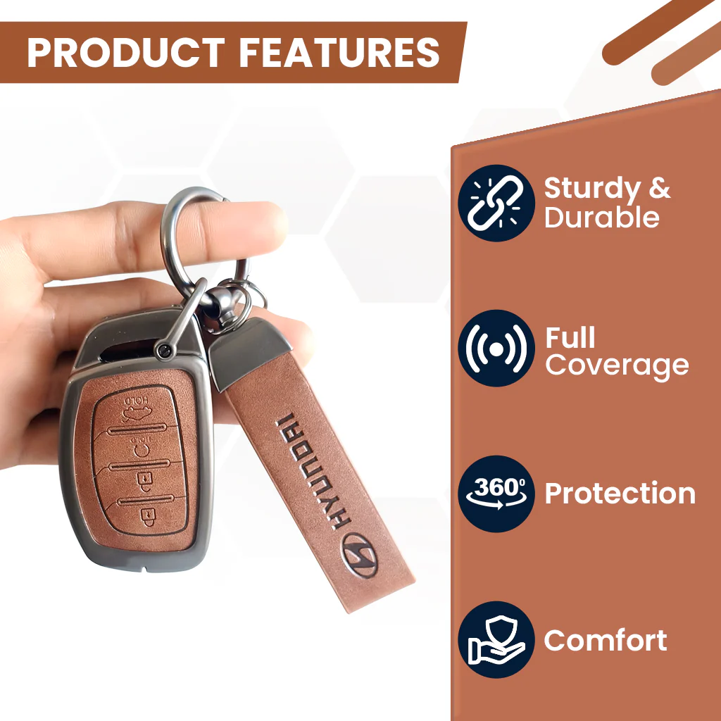 Metal Leather Car Key Cover Compatible With Creta, Venue, i20 Tucson, Elantra, Alcazar, Creta, Tucson | 4 Button Smart Key - Image 6
