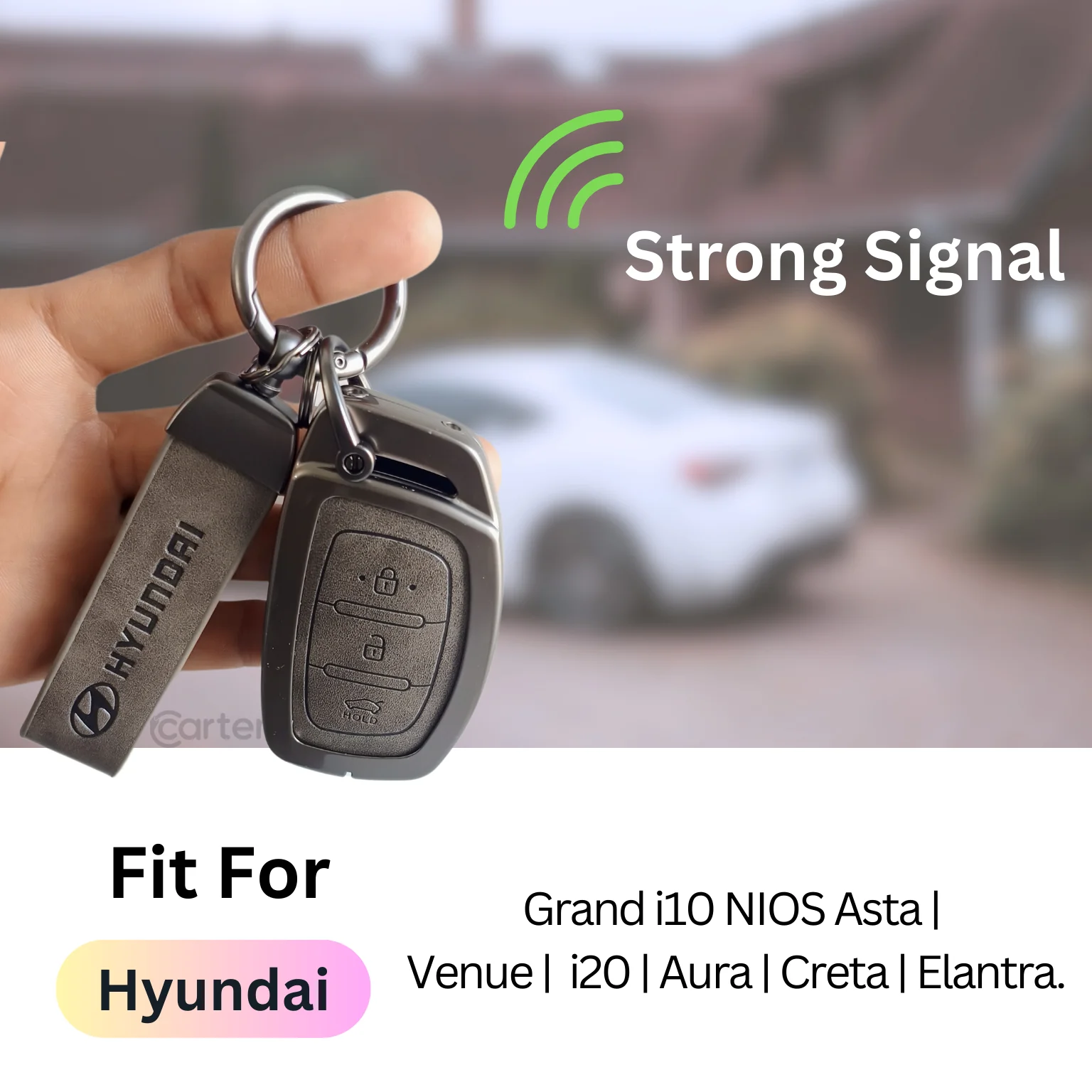 Metal Leather Car Key Cover Compatible with Grand i10 NIOS Asta, Venue, i20, Aura, Creta, Elantra | 3 Button Smart Key - Image 3