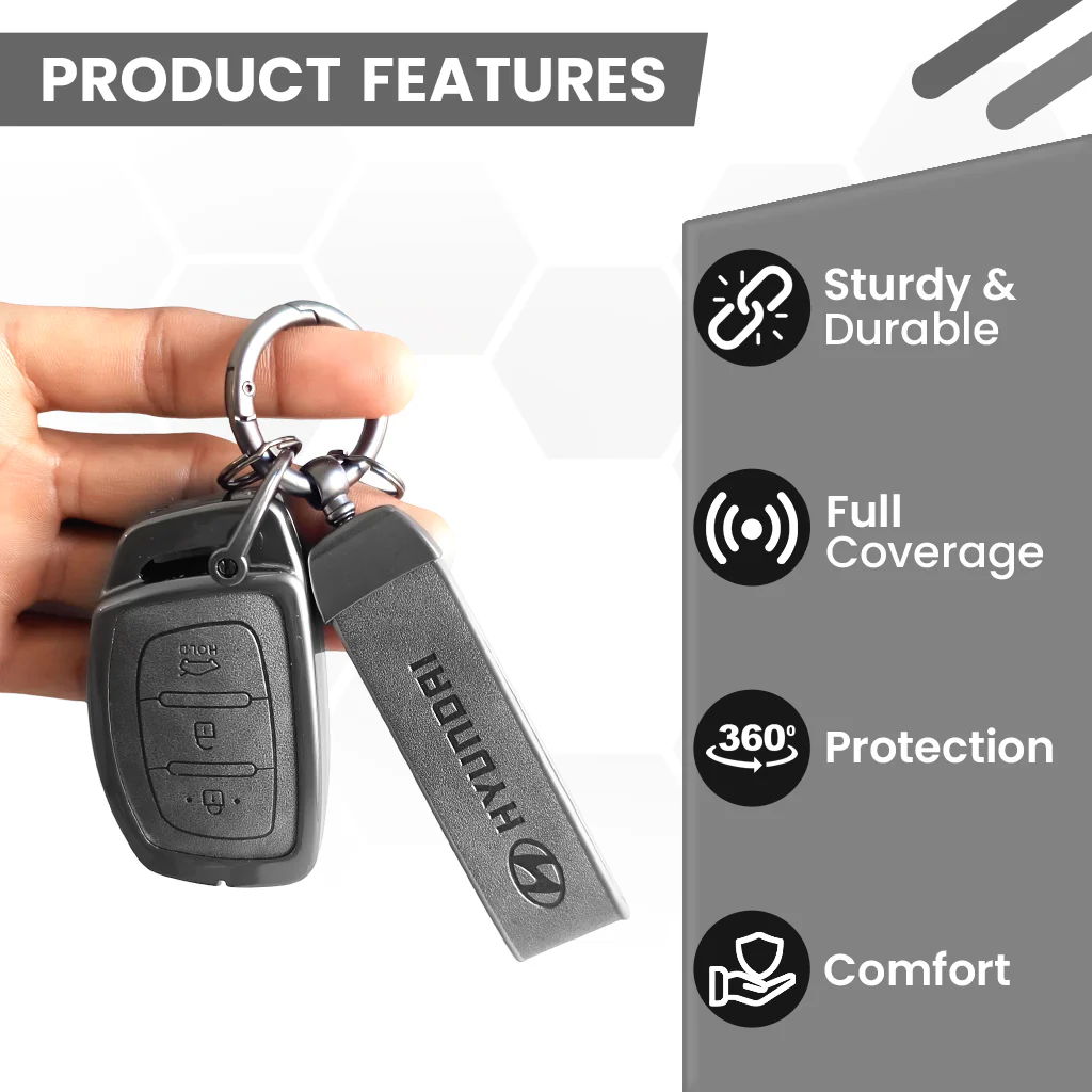 Metal Leather Car Key Cover Compatible with Grand i10 NIOS Asta, Venue, i20, Aura, Creta, Elantra | 3 Button Smart Key - Image 5