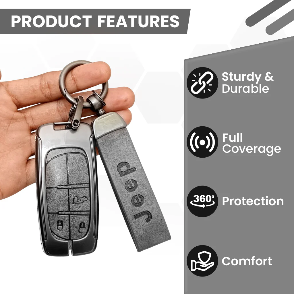 Metal Leather Car Key Cover Compatible With Jeep Compass | 3 Button Smart Key - Image 4