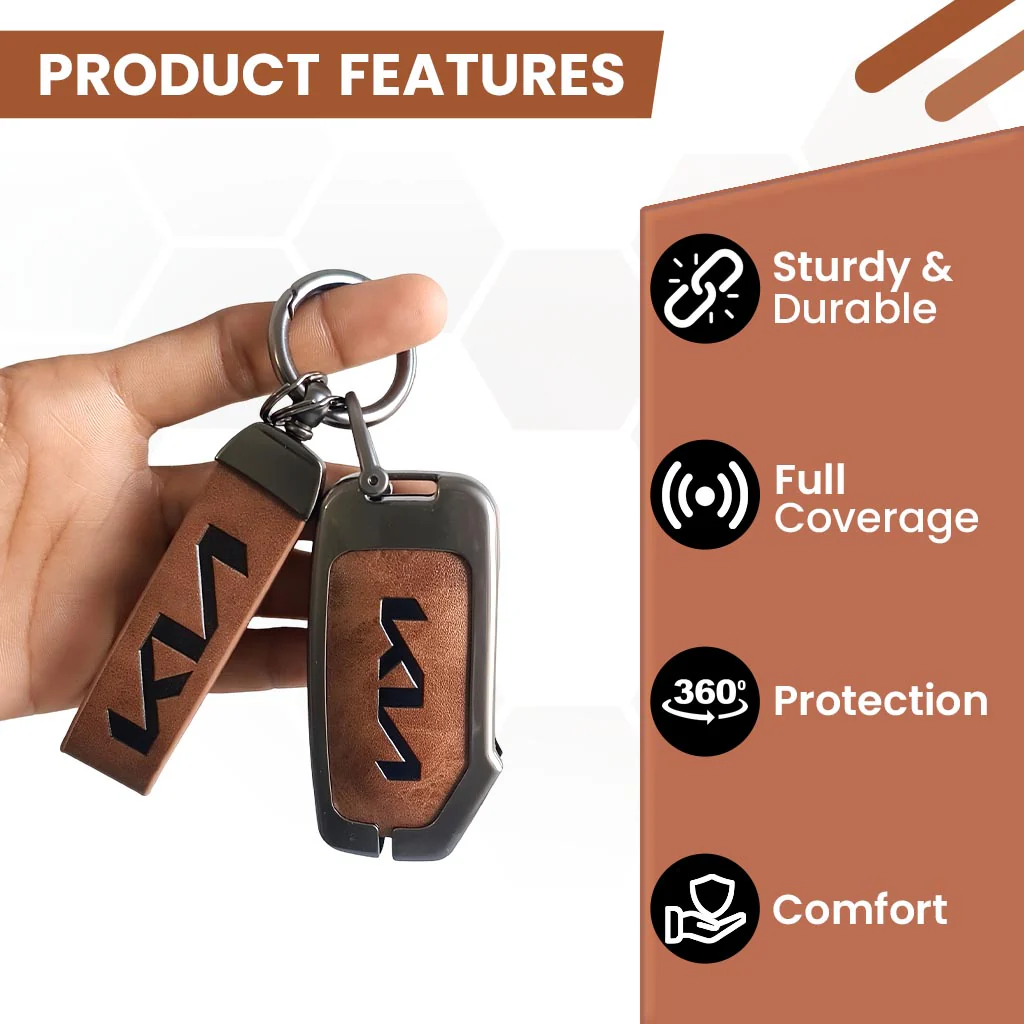 Metal Leather Car Key Cover Compatible With Kia Seltos, Sonet 2023 | Push Start 4 Button Side Key - Image 5