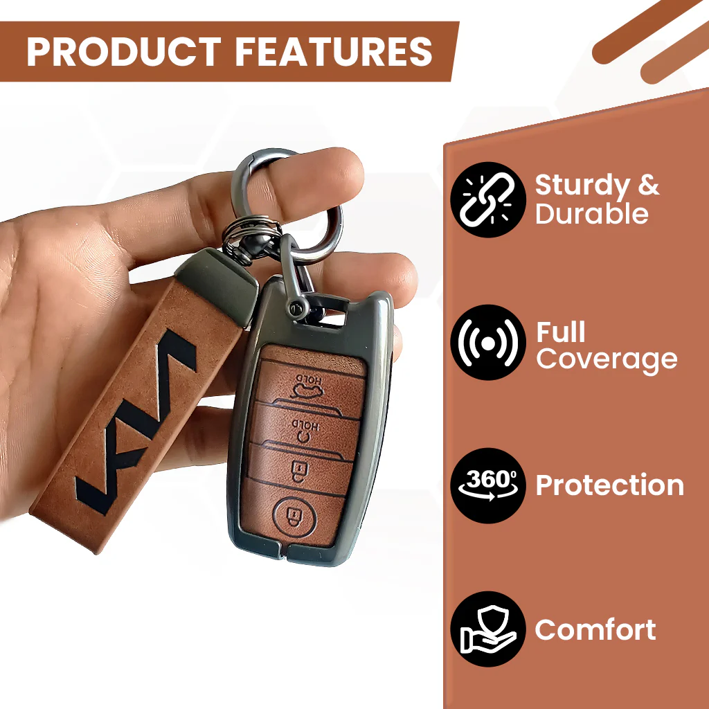 Metal Leather Car Key Cover Compatible With Kia Seltos, Sonet, Carens | Push Start Key - Image 6
