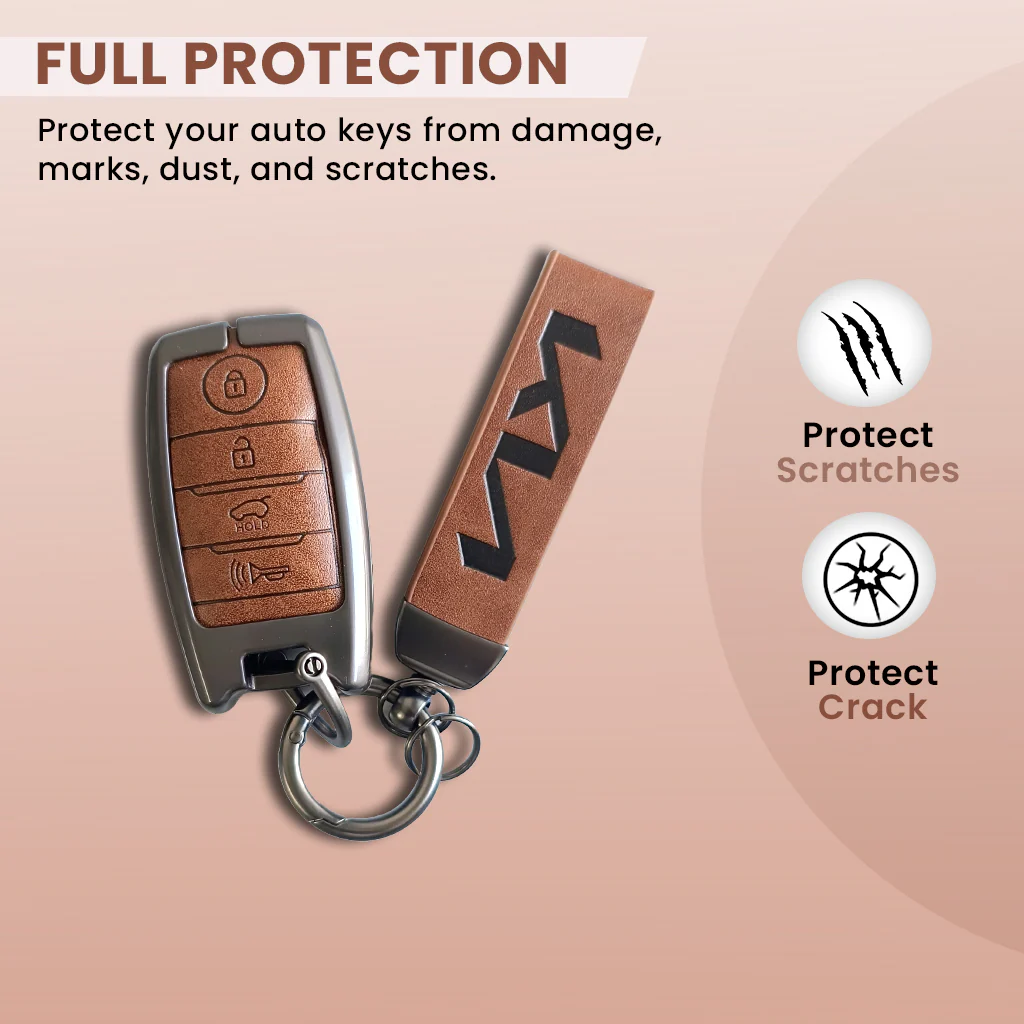Metal Leather Car Key Cover Compatible With Kia Seltos, Sonet, Carens - 4 Button Smart Key - Push Start Only Key - 360° Shock-Proof Protection - Image 3