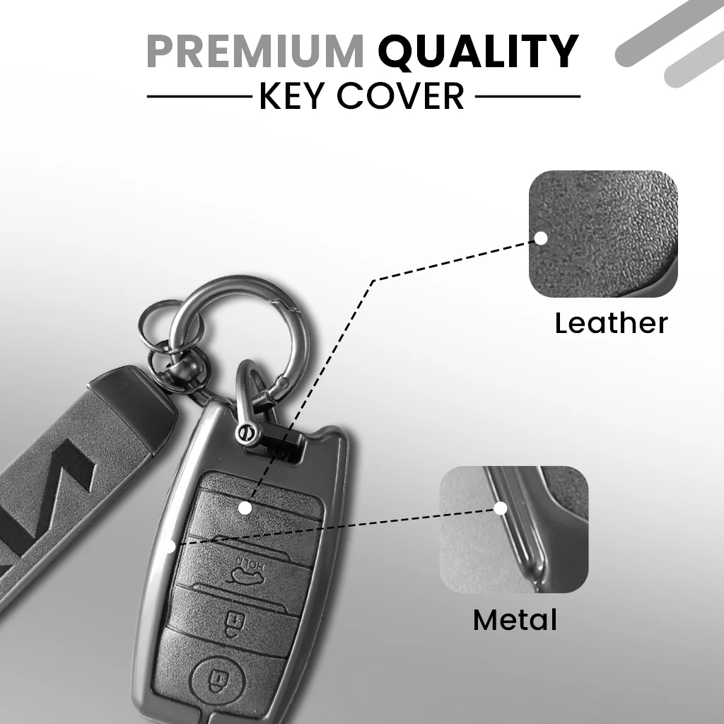 Metal Leather Car Key Cover Compatible With Seltos, Sonet, Carens | Push Start Key - Image 3