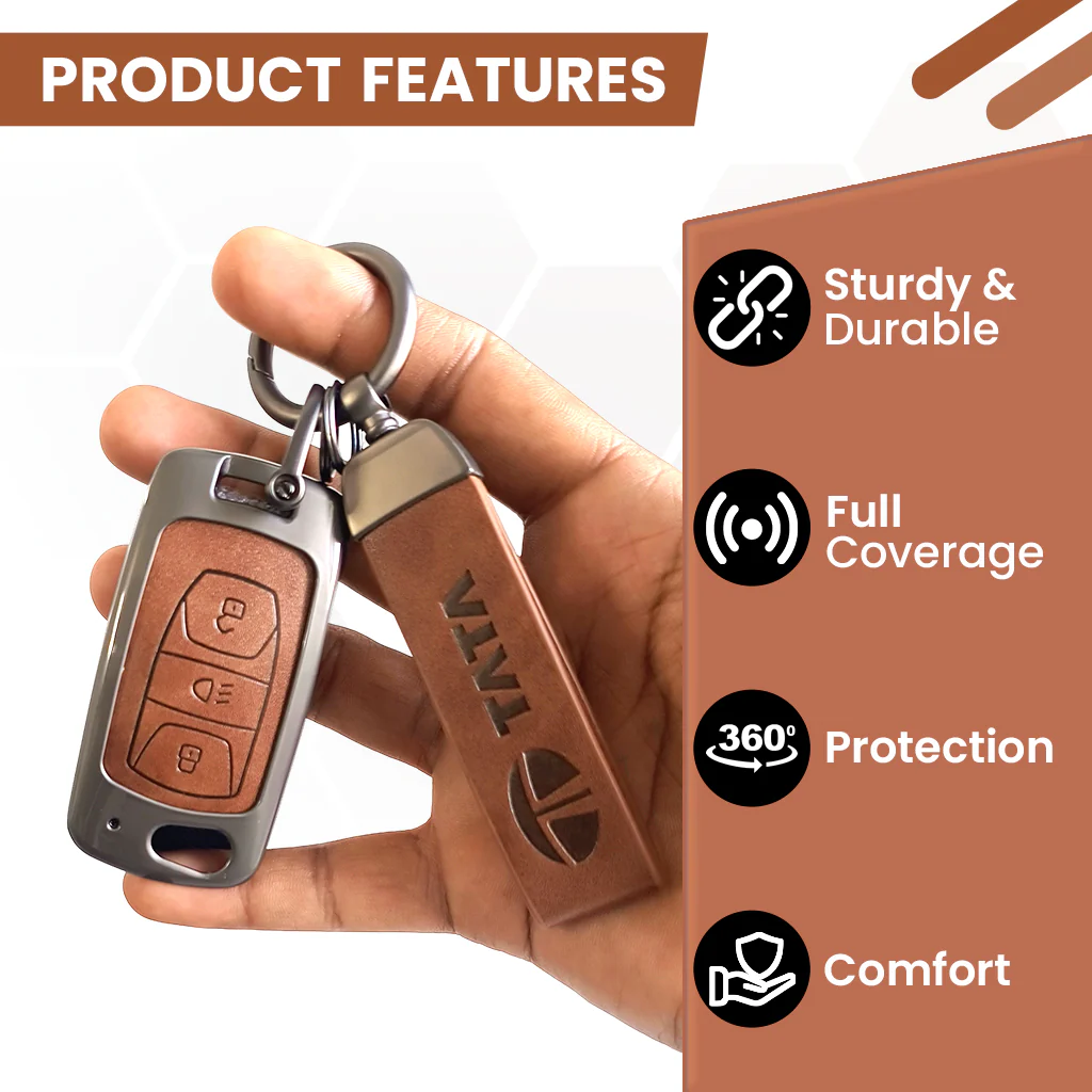 Metal Leather Car Key Cover For TATA Arai, Safari, Tiago, Zest, Bolt, Tigor, Hexa, Nexon, Harrier, Altroz, Punch | 3 Button Flip Key - Image 5