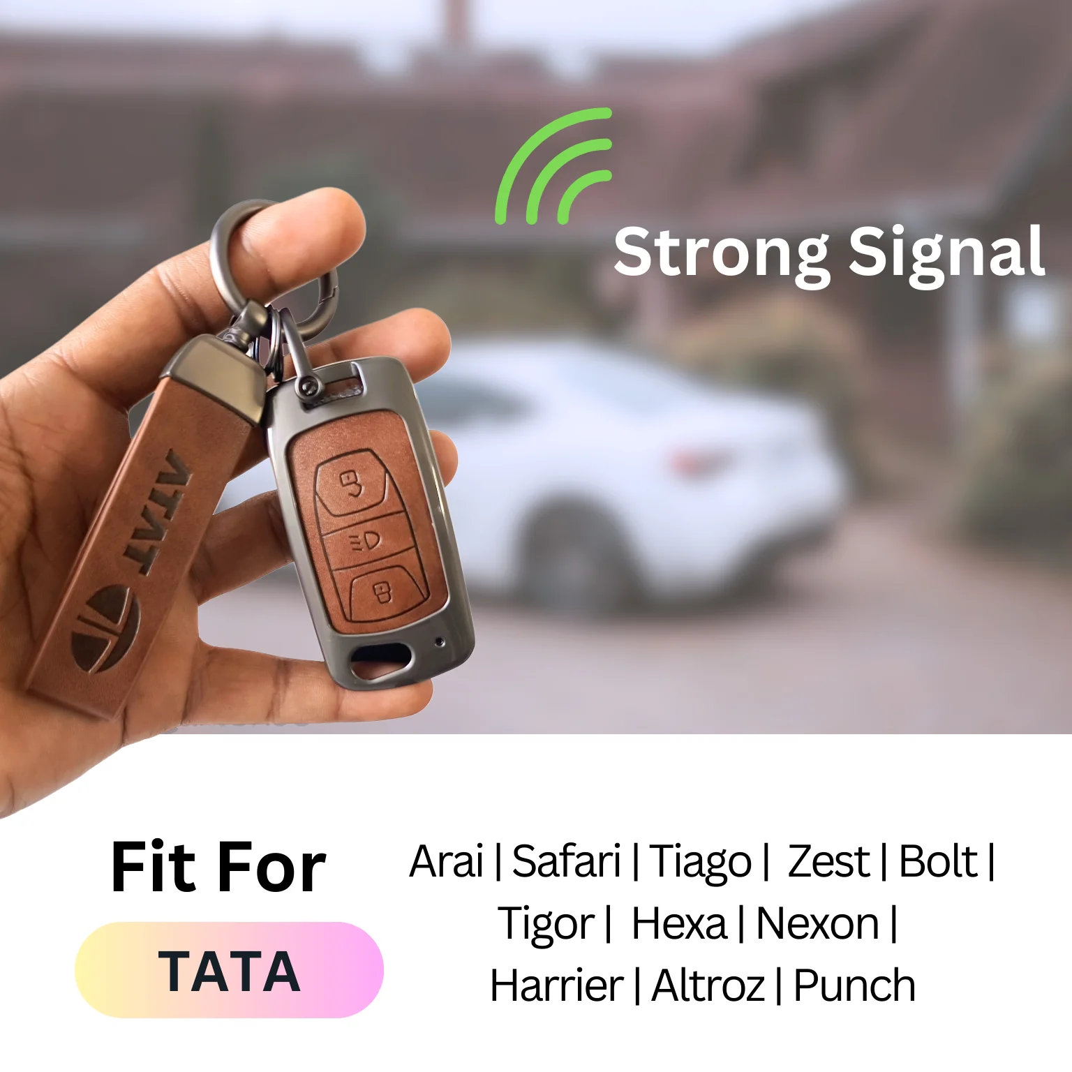 Metal Leather Car Key Cover For TATA Arai, Safari, Tiago, Zest, Bolt, Tigor, Hexa, Nexon, Harrier, Altroz, Punch | 3 Button Flip Key - Image 3