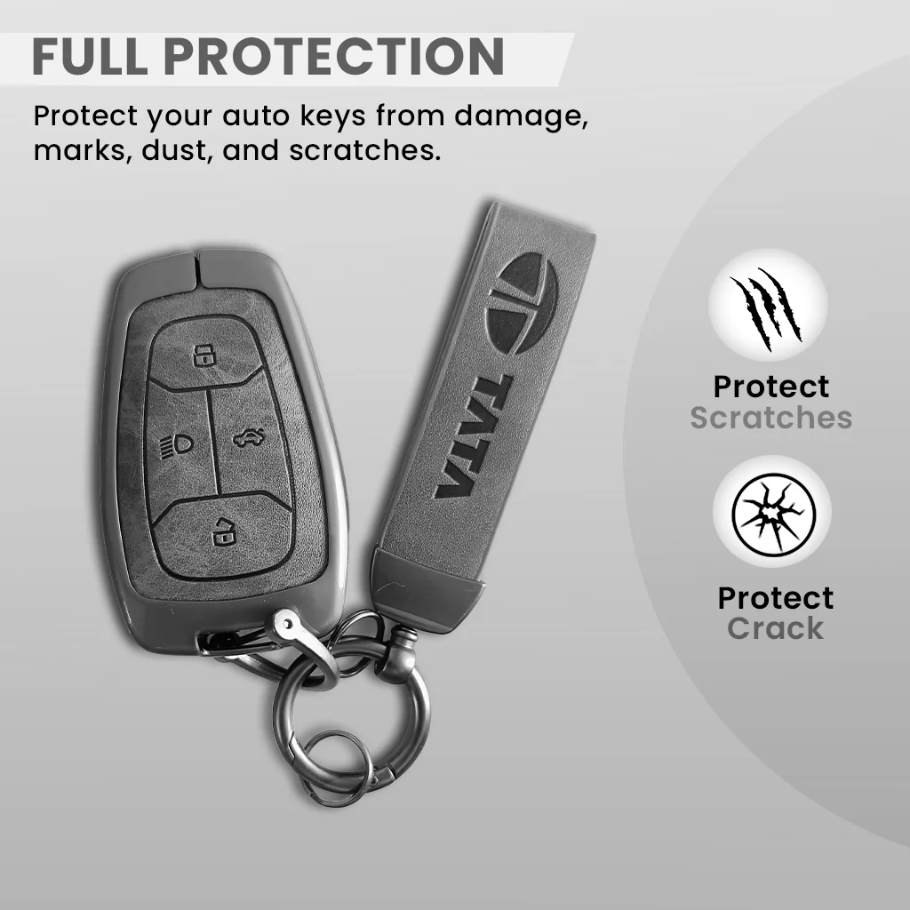 Metal Leather Car Key Cover For TATA Punch, Tiago, Altroz, Nexon, Harrier, Safari, EV, Sierra | 4 Button Smart Key - Image 3