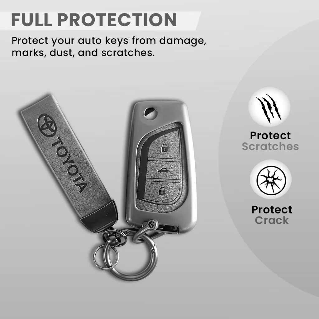 Metal Leather Car Key Cover For Toyota Corolla Altis, Innova Crysta   | 3 Button Flip Key - Image 3