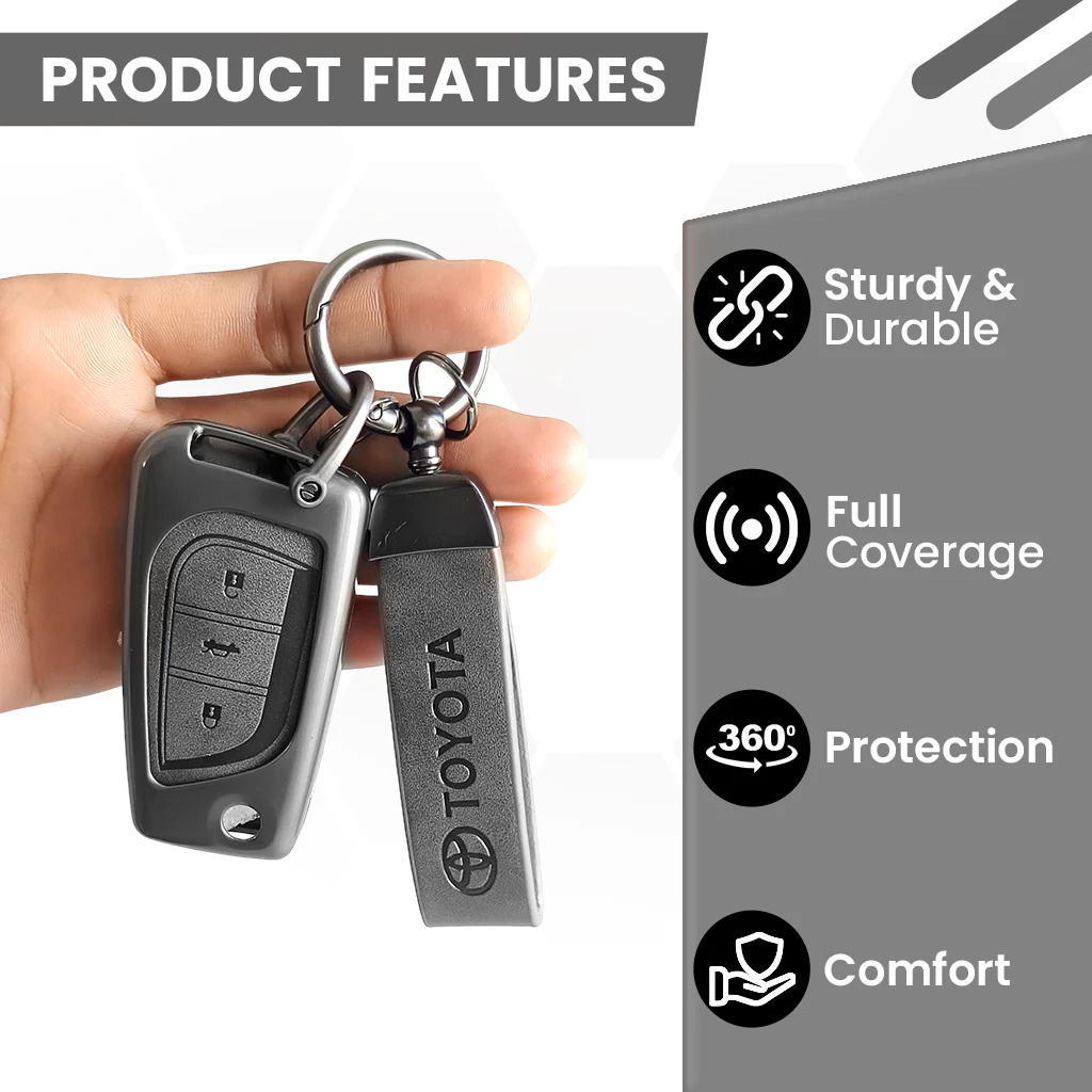 Metal Leather Car Key Cover For Toyota Corolla Altis, Innova Crysta   | 3 Button Flip Key - Image 5