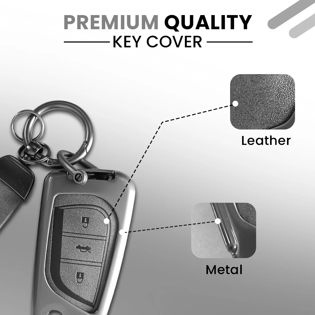 Metal Leather Car Key Cover For Toyota Corolla Altis, Innova Crysta   | 3 Button Flip Key - Image 6