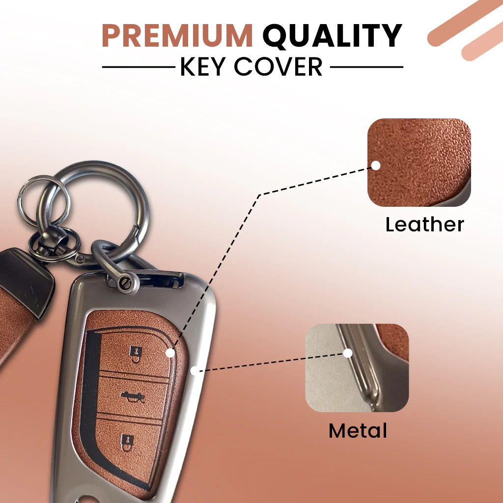 Metal Leather Car Key Cover For Toyota Corolla Altis, Innova Crysta | 3 Button Flip Key - Image 6