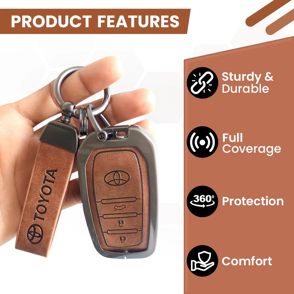 Metal Leather Car Key Cover For Toyota Fortuner, Hilux, Innova Crysta,  Legender, Innova HyCross, Land Cruiser | 3 Button Type M1 Push Start Smart Key - Image 5