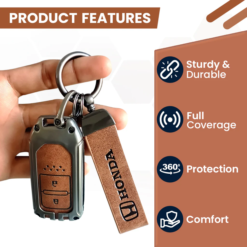 Metal Leather Key Cover Compatible with City, Civic, Jazz, Amaze,  CR-V, WR-V, BR-V, Jazz BS6,  Civic 2020 | Push Start Model - Image 5