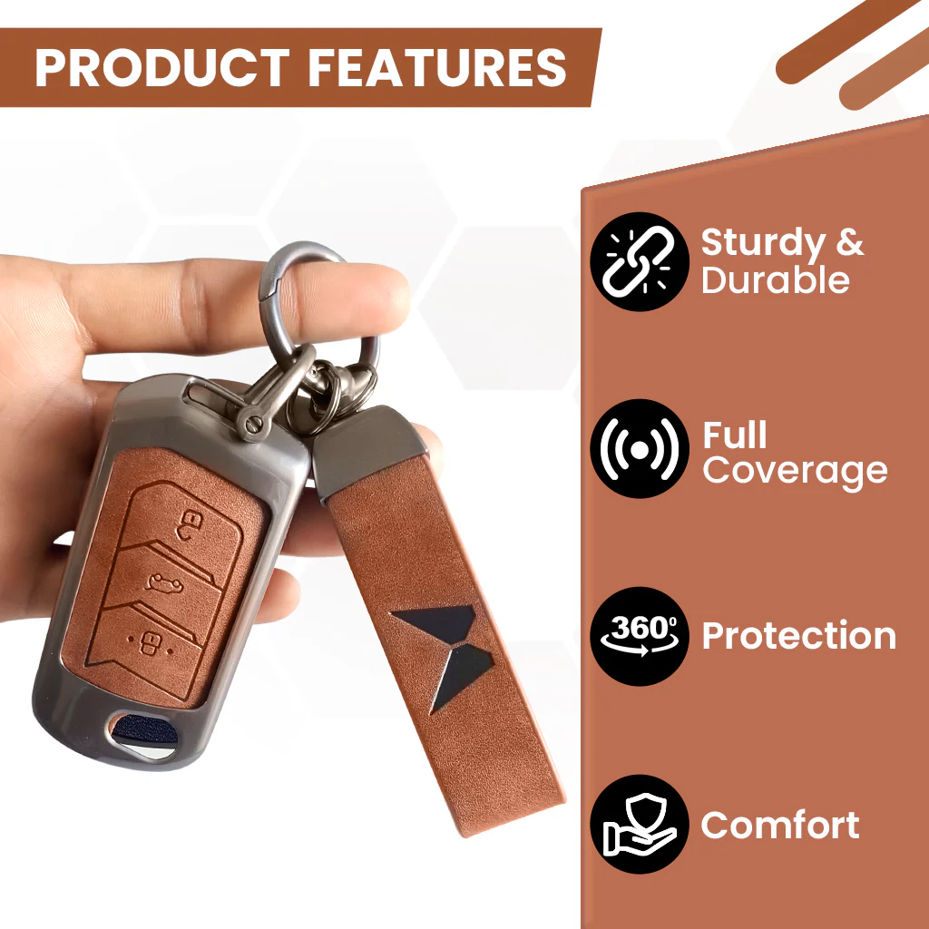Metal Leather Key Cover For Mahindra Scorpio, XUV 300, Marazzo, XUV 700, 3XO, XUV 400 EV, Bolero, Thar, TUV 3 & Thar Roxx | 3 Button Flip Key - Image 5