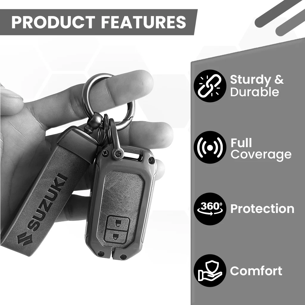 Metal Leather Key Cover for Suzuki Baleno, Swift, Ertiga, XL6, DZire, Fronx, Scross, Celerio, Ciaz, Brezza, Grand Vitara, Jimny, Ignis | 2 Button Smart Key - Image 6