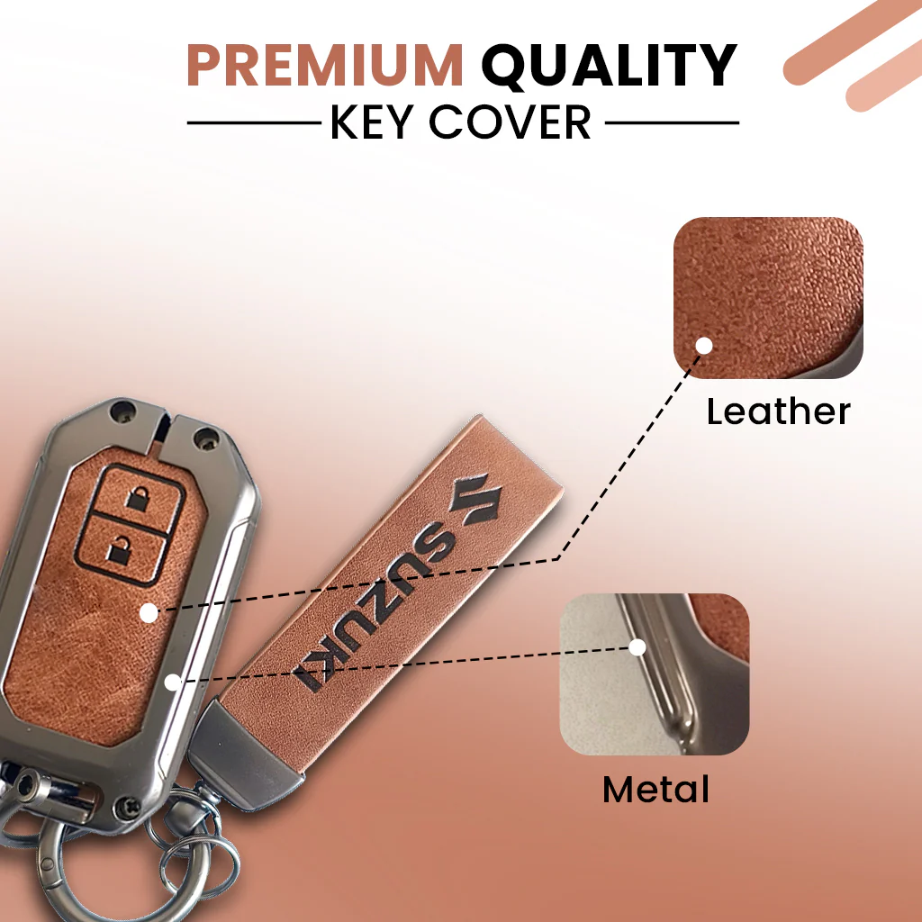 Metal Leather Key Cover for Suzuki Baleno, Swift, Ertiga, XL6, DZire, Fronx, Scross, Celerio, Ciaz, Brezza, Grand Vitara, Jimny, Ignis | 2 Button Smart Key - Image 4