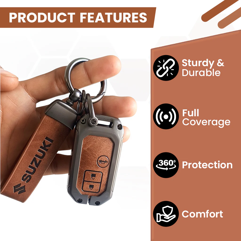 Metal Leather Key Cover for Suzuki Ertiga, Swift, Dzire, Baleno, Ignis, XL6, Franzo, Celerio, Ciaz, Brezza, Jimny   | 3 Button Smart Key - Image 5