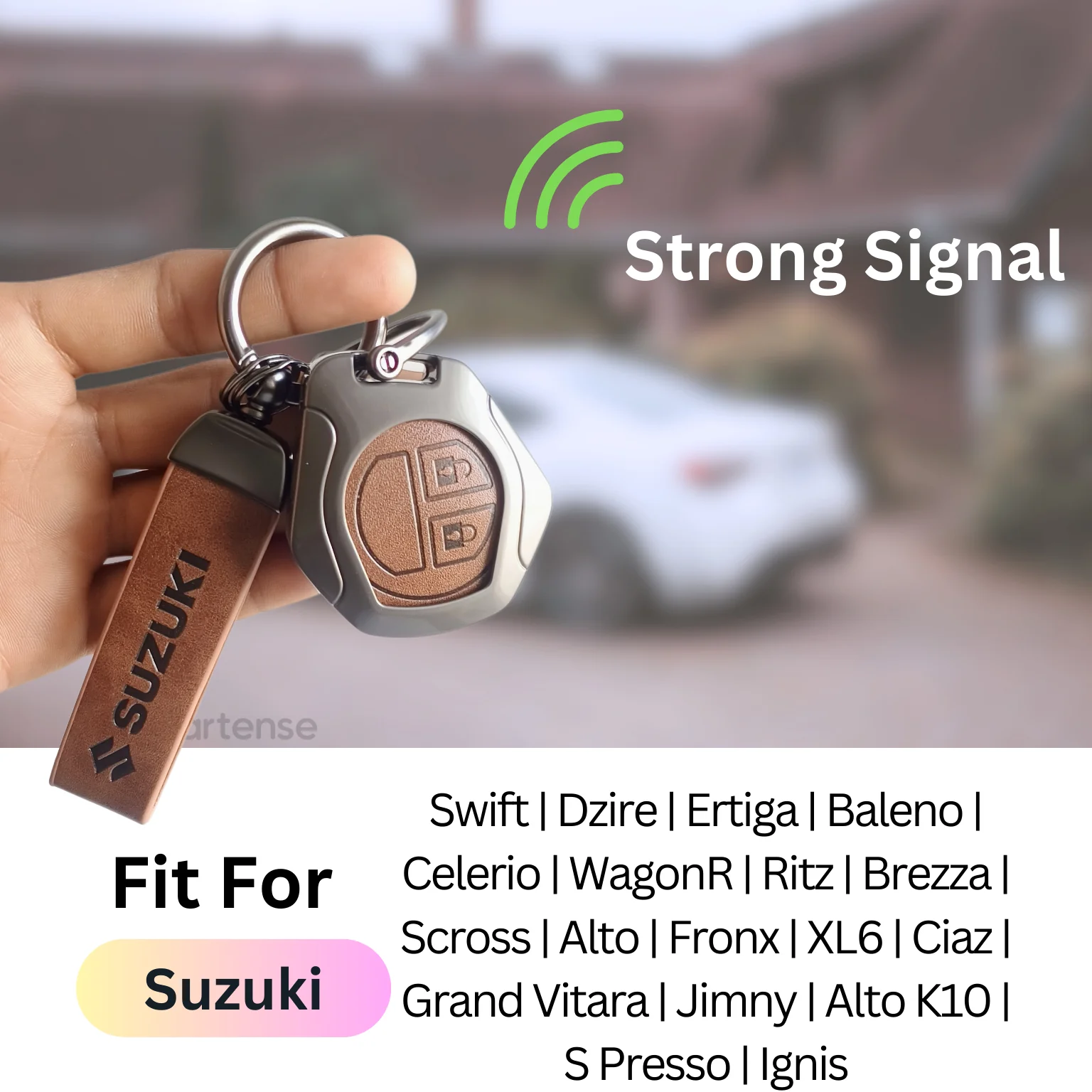 Metal Leather Key Cover for Suzuki Swift, Dzire, Ertiga, Baleno, Celerio, WagonR, Ritz, Brezza, Scross, Alto, Fronx, XL6, Ciaz, Grand Vitara, Jimny, Alto K10, S Presso, Ignis |for Toyoto Rumion, Hyryder, Urben Cruiser, Galanza | 2 Button Key - Image 3