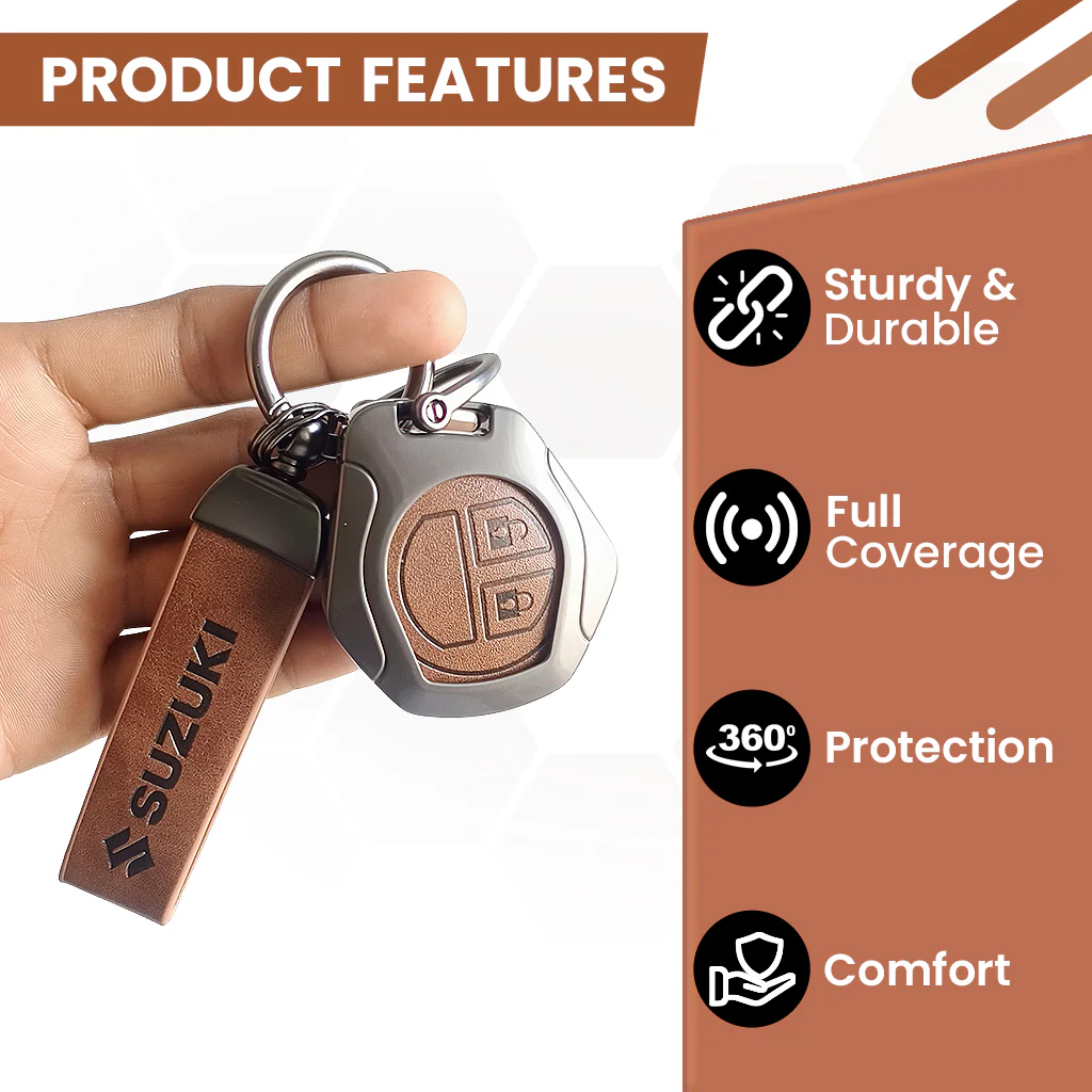 Metal Leather Key Cover for Suzuki Swift, Dzire, Ertiga, Baleno, Celerio, WagonR, Ritz, Brezza, Scross, Alto, Fronx, XL6, Ciaz, Grand Vitara, Jimny, Alto K10, S Presso, Ignis |for Toyoto Rumion, Hyryder, Urben Cruiser, Galanza | 2 Button Key - Image 5