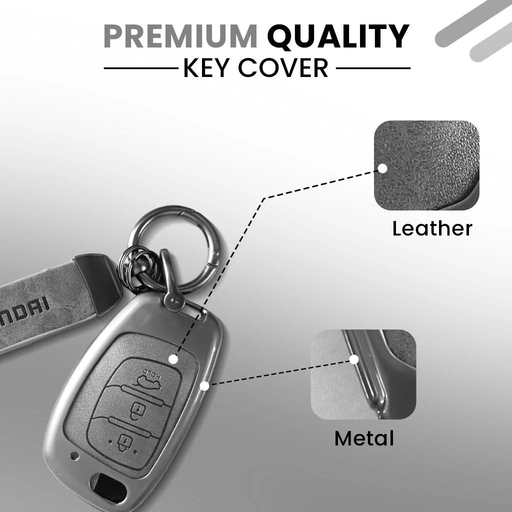 Metal Leather Car Key Cover Compatible With Creta, Venue, Aura, i20,Grand i10 Nios, Xcent | 3 Button Flip Key - Image 4