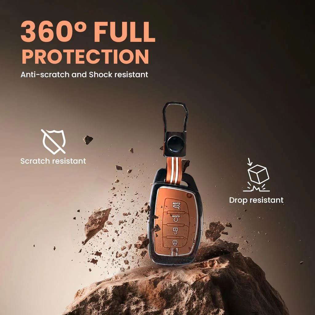 Metal Silicon Car Key Cover with Zinc Alloy For Hyundai Alcazar, Creta, Tucson - 4 Button Smart Key - 360° Shock-Proof Protection - (Biscuit Brown) - Image 4