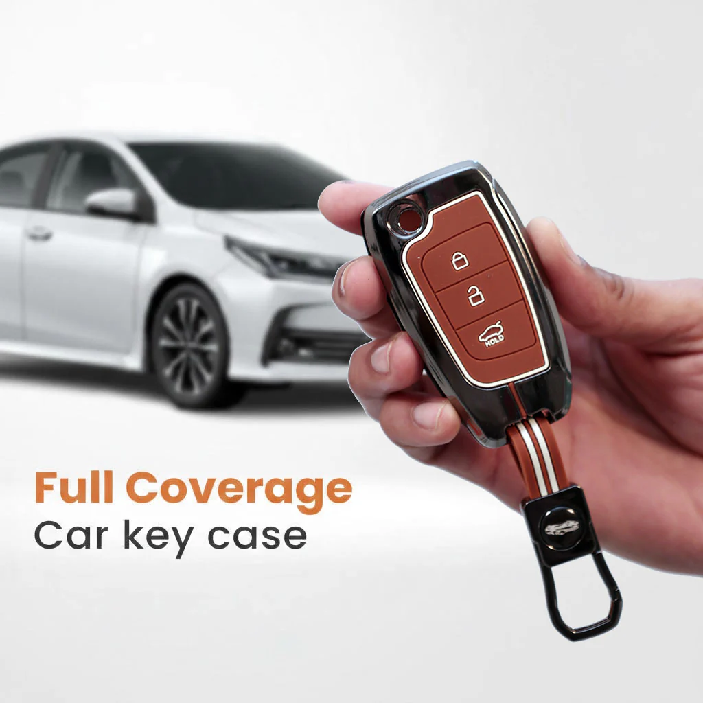 Metal Silicon Car Key Cover with Zinc Alloy For Kona, Verna, Tucson, Venue, Aura - 3 Button Smart Key - 360° Shock-Proof Protection - (Biscuit Brown) - Image 3