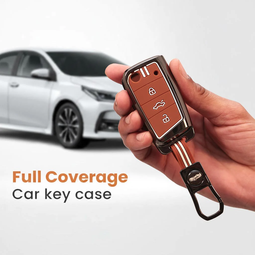 Metal Silicon Car Key Cover with Zinc Alloy For Skoda/Volkswagen Kushaq, Kylaq, Octavia, Kodiaq, Superb, Slavia, Passat, Virtus, T Roc - 3 Button Flip Key - 360° Shock-Proof Protection for Skoda & Volkswagen - (Biscuit Brown) - Image 3