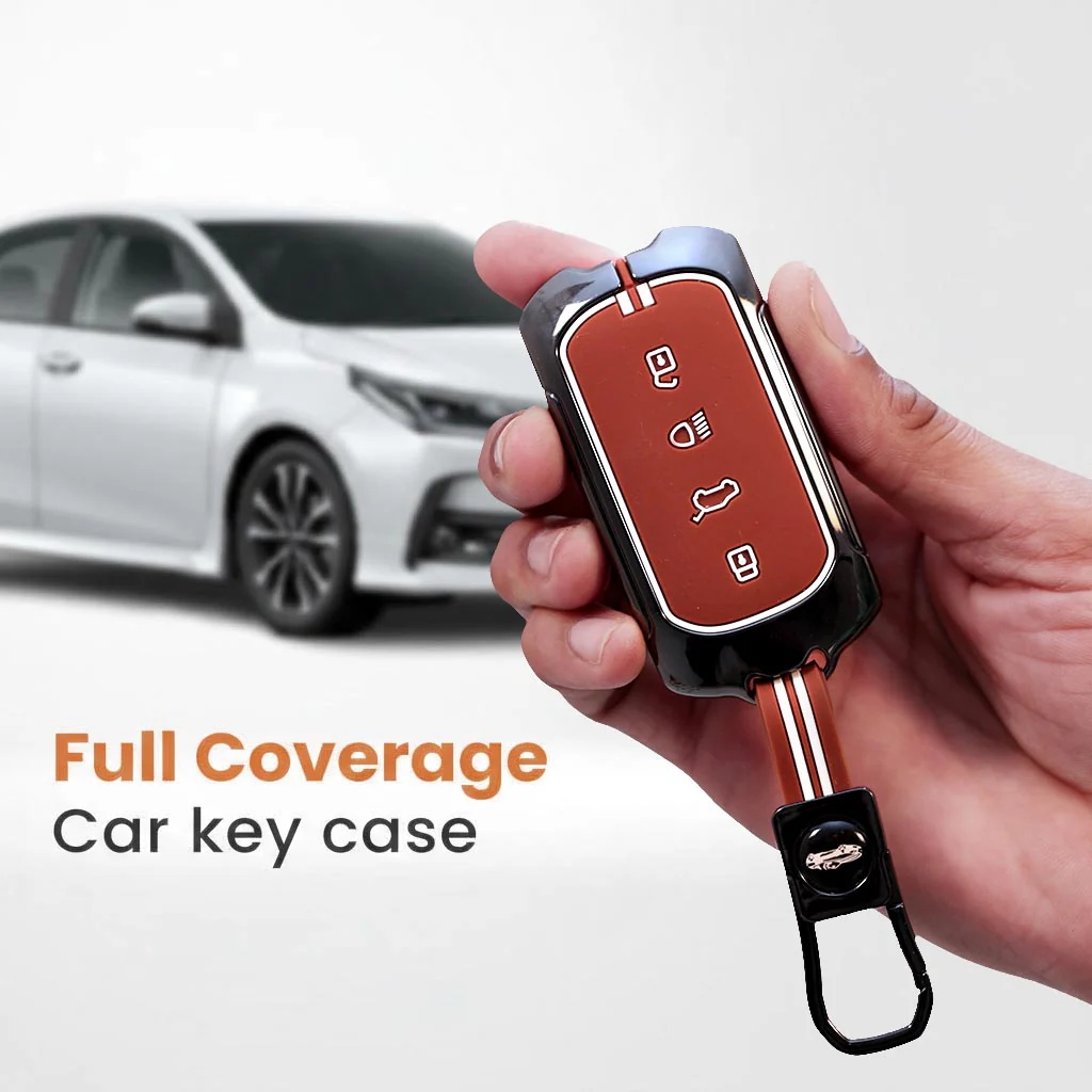 Metal Silicon Car Key Cover with Zinc Alloy For TATA Curvv - 4 Button smart key - 360° Shock-Proof Protection (Biscuit Brown) - Image 3