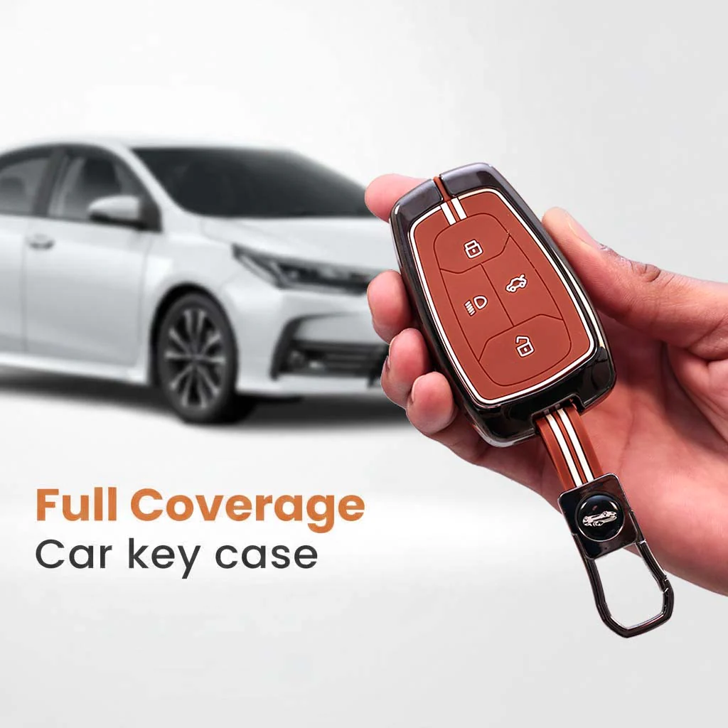 Metal Silicon Car Key Cover with Zinc Alloy For TATA Punch, Tiago, Altroz, Nexon, Harrier, Safari, EV, Sierra - 4 Button Smart Key Prestige - 360° Shock-Proof Protection For Tata - (Biscuit Brown) - Image 3