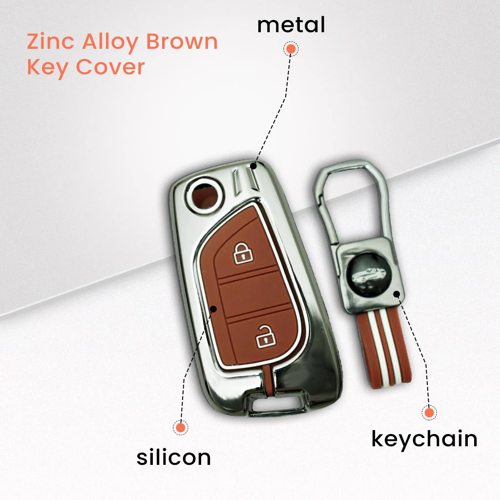 Metal Silicon Car Key Cover with Zinc Alloy For Toyota Corolla, Camry, Ascent, Yaris, Levin - 2 Button Flip Key - 360° Shock-Proof Protection for Toyota - (Biscuit Brown) - Image 3