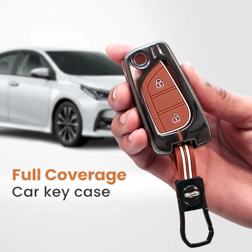 Metal Silicon Car Key Cover with Zinc Alloy For Toyota Corolla, Camry, Ascent, Yaris, Levin - 2 Button Flip Key - 360° Shock-Proof Protection for Toyota - (Biscuit Brown) - Image 4