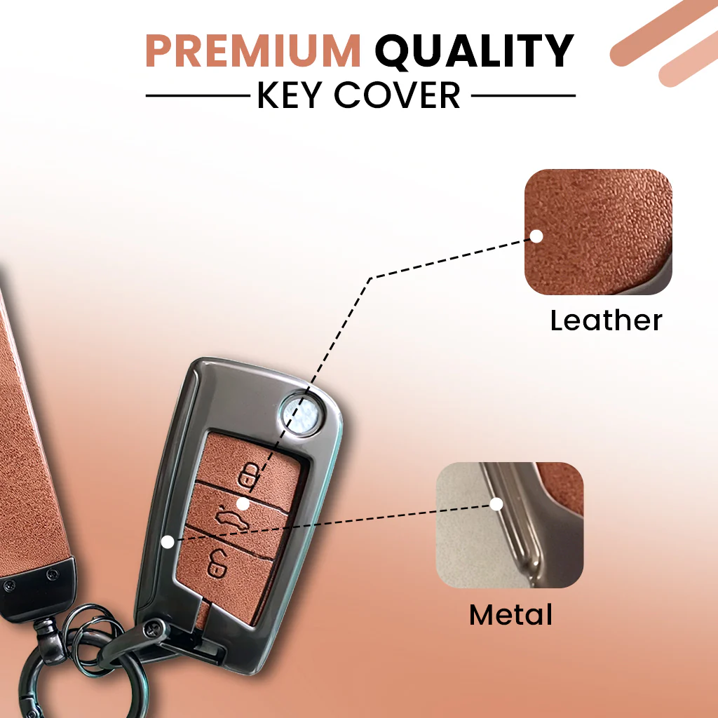 Metal Leather Key Cover for Skoda/Volkswagen Kushaq, kylaq, Octavia, Kodiaq, Superb, Slavia, Passat, Virtus, T Roc | 3 Button Flip Key - Image 3